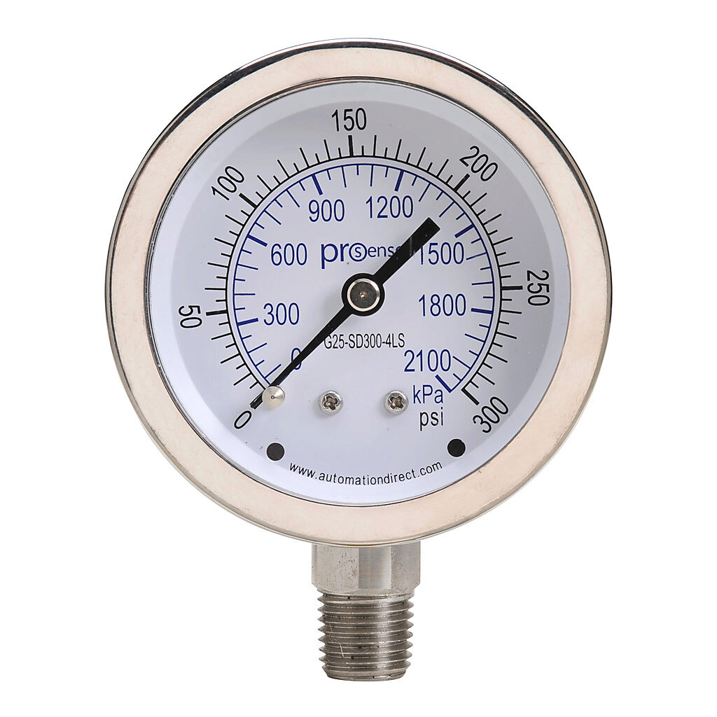 G25-SD300-4LS - ProSense mechanical pressure gauge, 2.5in diameter, 0 to 300 psig/0 to 2100 kPa, stainless steel dry case, stainless steel wetted parts, 1/4in male NPT process connection, lower mount.