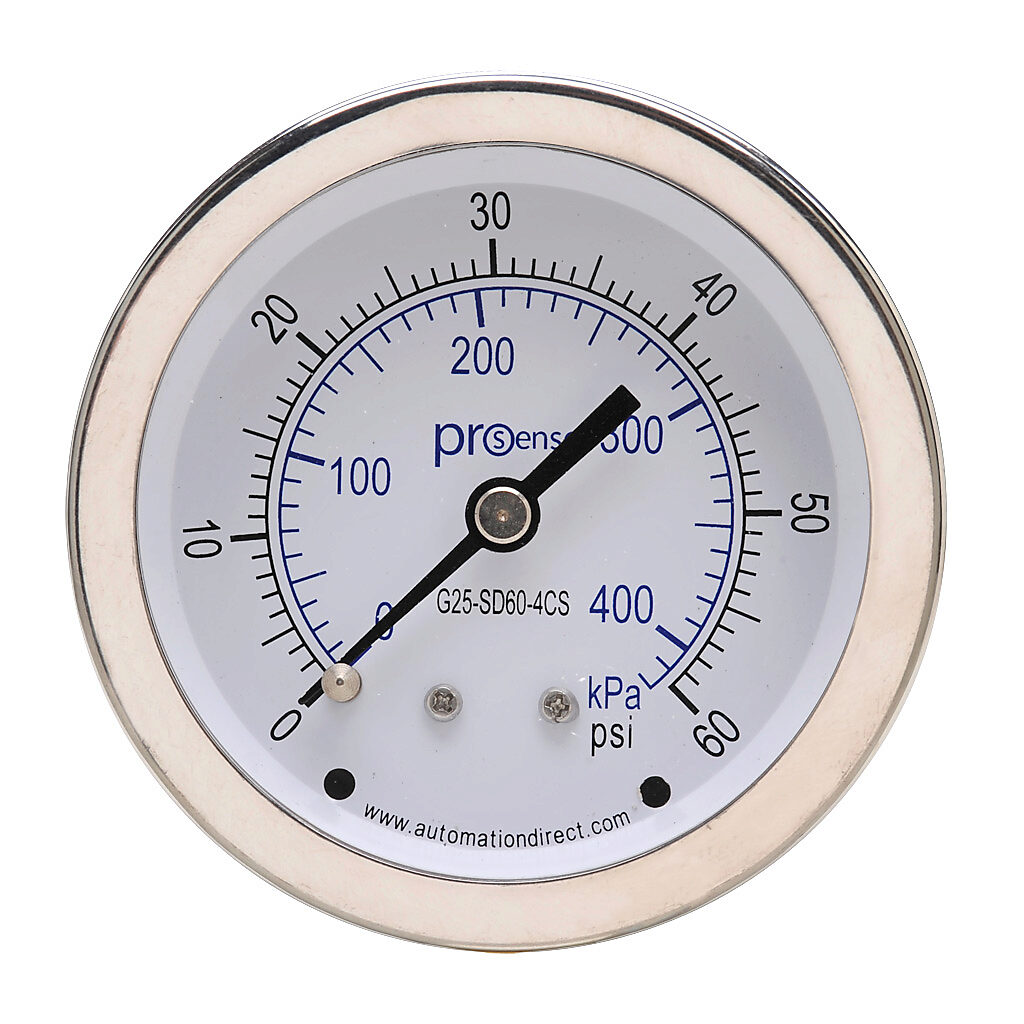 G25-SD60-4CS - ProSense mechanical pressure gauge, 2.5in diameter, 0 to 60 psig/0 to 420 kPa, stainless steel dry case, stainless steel wetted parts, 1/4in male NPT process connection, center back mount.