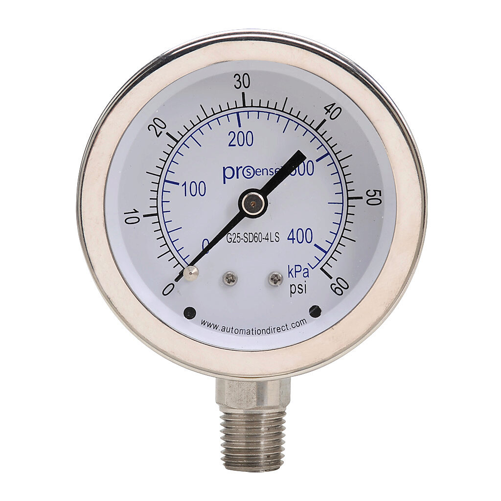 G25-SD60-4LS - ProSense mechanical pressure gauge, 2.5in diameter, 0 to 60 psig/0 to 420 kPa, stainless steel dry case, stainless steel wetted parts, 1/4in male NPT process connection, lower mount.