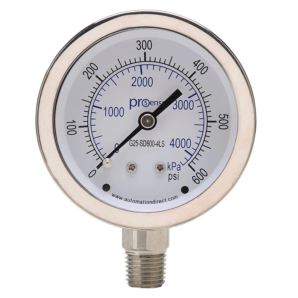 G25-SD600-4LS - ProSense mechanical pressure gauge, 2.5in diameter, 0 to 600 psig/0 to 4200 kPa, stainless steel dry case, stainless steel wetted parts, 1/4in male NPT process connection, lower mount.
