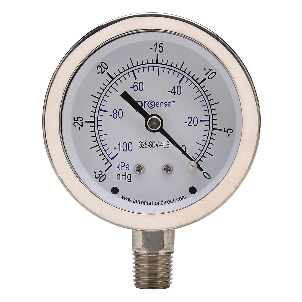 G25-SDV-4LS - ProSense mechanical pressure gauge, 2.5in diameter, -30 to 0in Hg vacuum/-100 to 0 kPa, stainless steel dry case, stainless steel wetted parts, 1/4in male NPT process connection, lower mount.