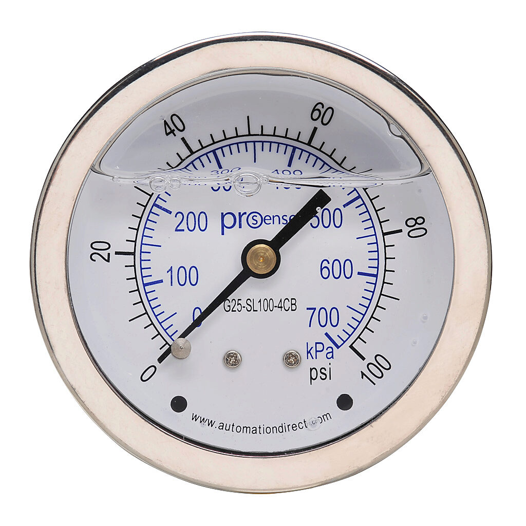 G25-SL100-4CB - ProSense mechanical pressure gauge, 2.5in diameter, 0 to 100 psig/0 to 700 kPa, stainless steel liquid filled case, phosphor bronze, brass wetted parts, 1/4in male NPT process connection, center back mount.