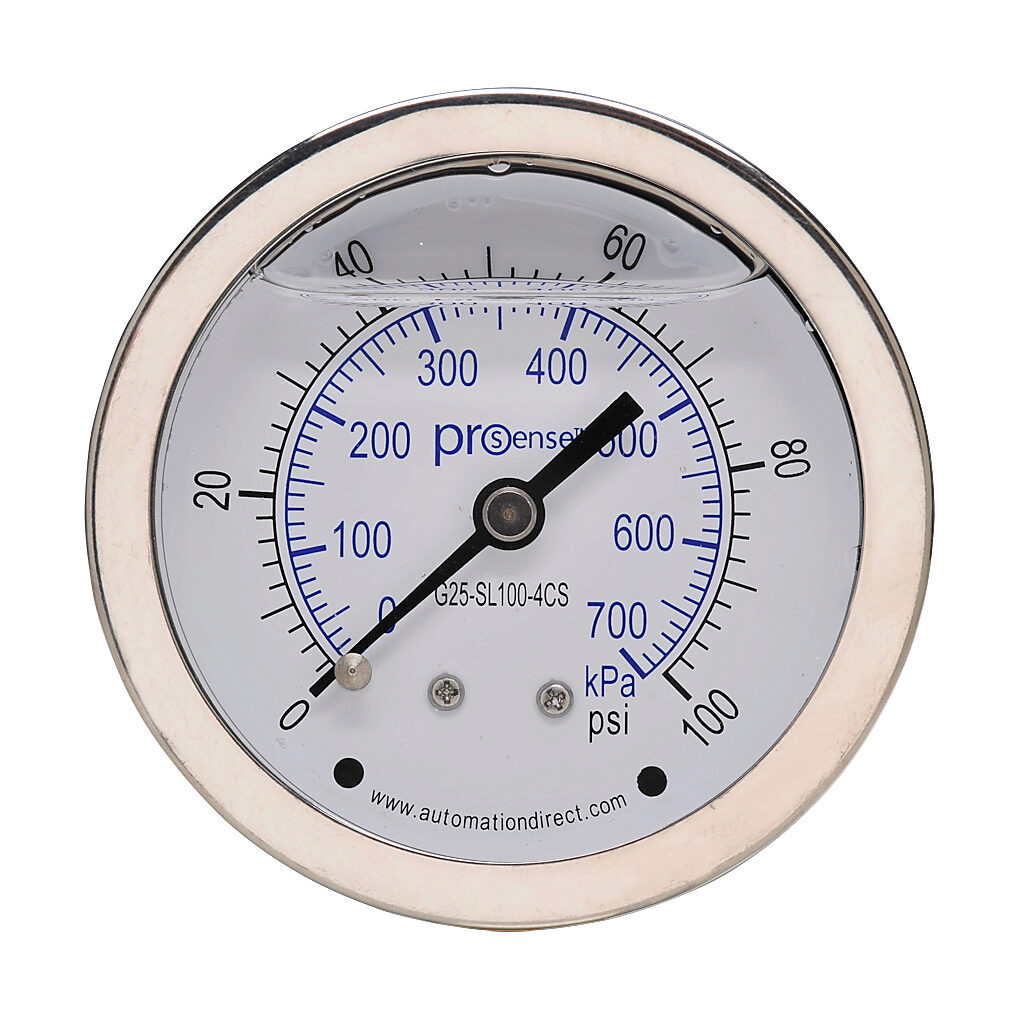 G25-SL100-4CS - ProSense mechanical pressure gauge, 2.5in diameter, 0 to 100 psig/0 to 700 kPa, stainless steel liquid filled case, stainless steel wetted parts, 1/4in male NPT process connection, center back mount.