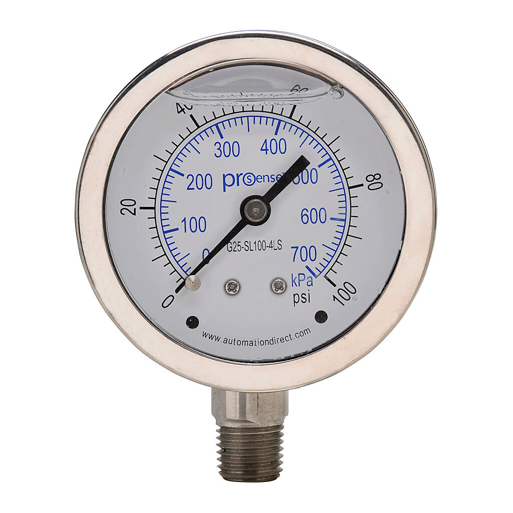 G25-SL100-4LS - ProSense mechanical pressure gauge, 2.5in diameter, 0 to 100 psig/0 to 700 kPa, stainless steel liquid filled case, stainless steel wetted parts, 1/4in male NPT process connection, lower mount.