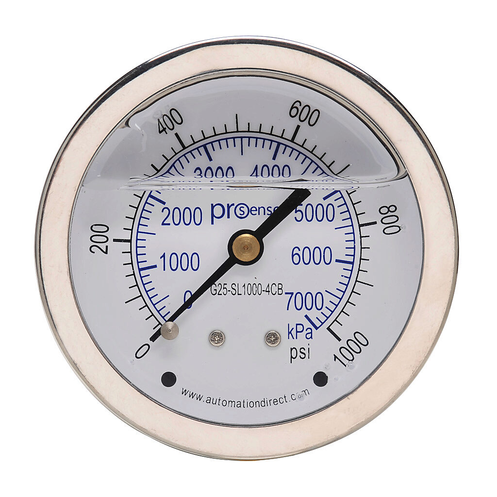 G25-SL1000-4CB - ProSense mechanical pressure gauge, 2.5in diameter, 0 to 1000 psig/0 to 7000 kPa, stainless steel liquid filled case, phosphor bronze, brass wetted parts, 1/4in male NPT process connection, center back mount.