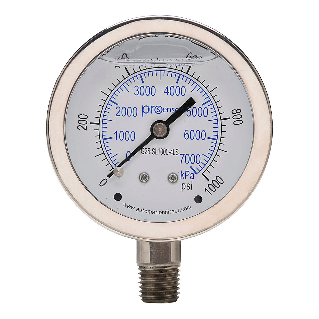 G25-SL1000-4LS - ProSense mechanical pressure gauge, 2.5in diameter, 0 to 1000 psig/0 to 7000 kPa, stainless steel liquid filled case, stainless steel wetted parts, 1/4in male NPT process connection, lower mount.