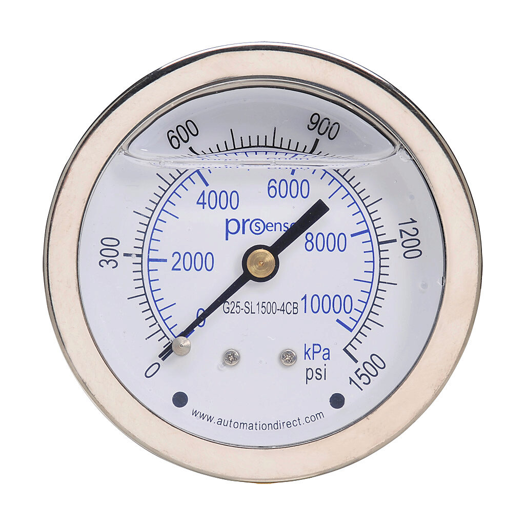 G25-SL1500-4CB - ProSense mechanical pressure gauge, 2.5in diameter, 0 to 1500 psig/0 to 10000 kPa, stainless steel liquid filled case, phosphor bronze, brass wetted parts, 1/4in male NPT process connection, center back mount.