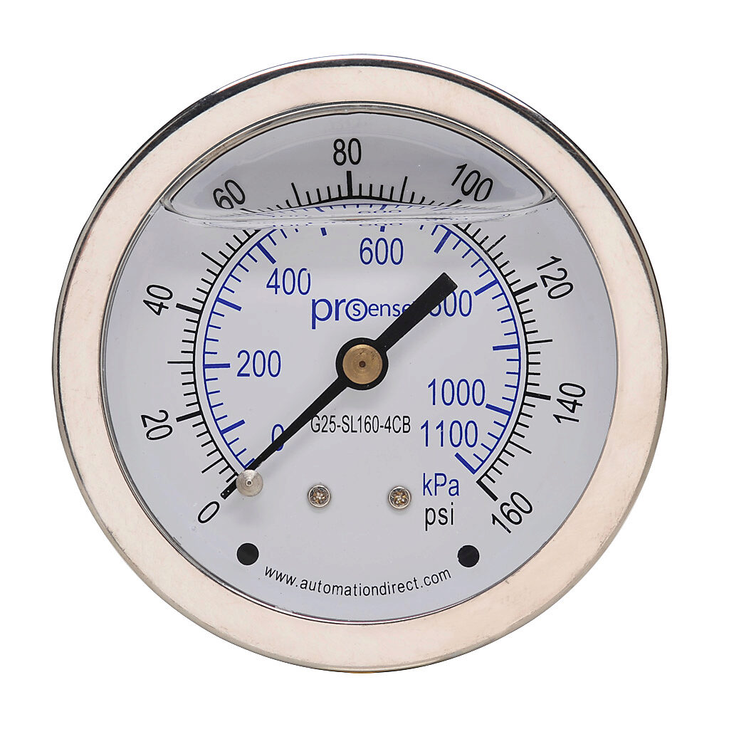 G25-SL160-4CB - ProSense mechanical pressure gauge, 2.5in diameter, 0 to 160 psig/0 to 1100 kPa, stainless steel liquid filled case, phosphor bronze, brass wetted parts, 1/4in male NPT process connection, center back mount.