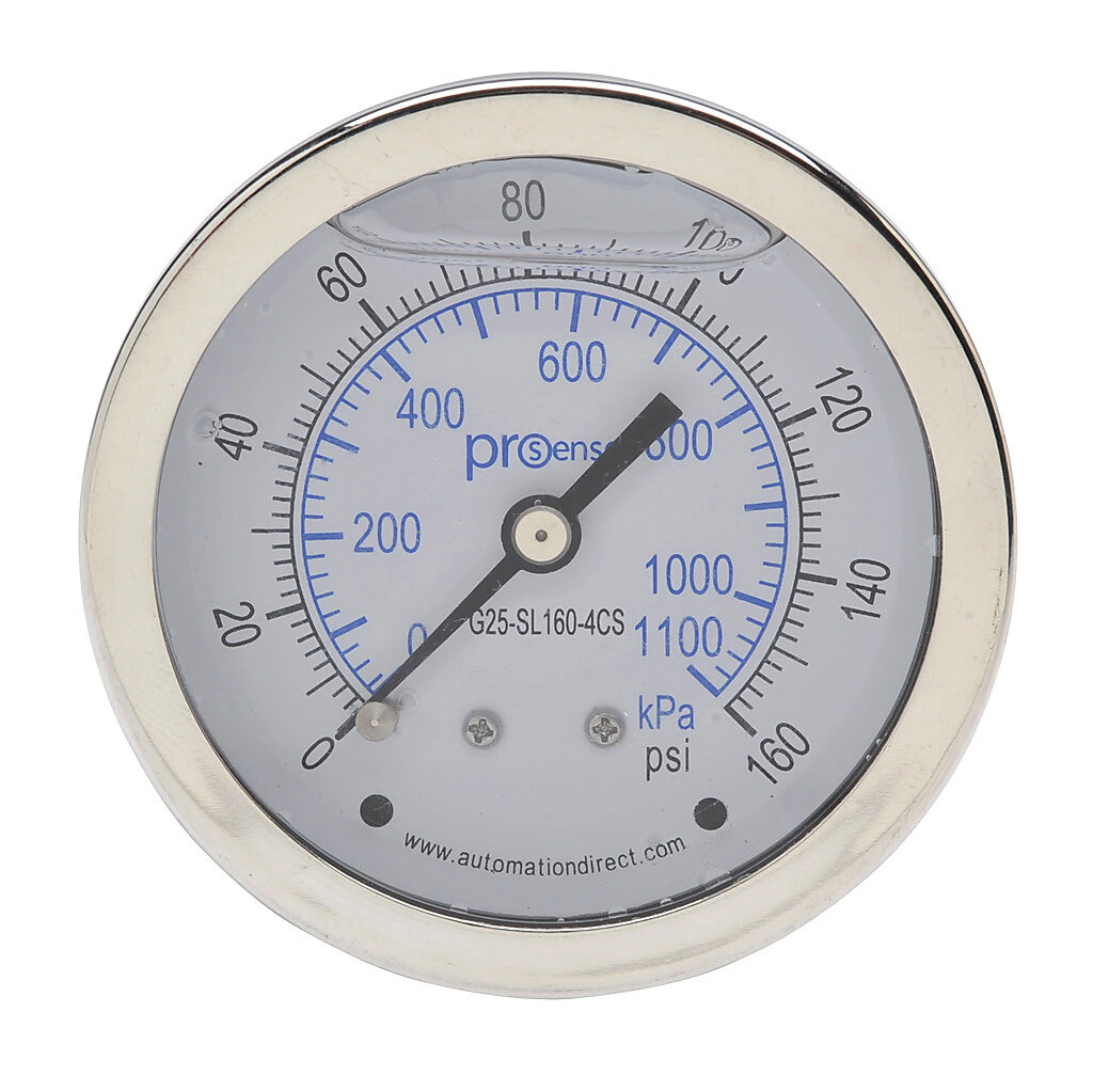 G25-SL160-4CS - ProSense mechanical pressure gauge, 2.5in diameter, 0 to 160 psig/0 to 1100 kPa, stainless steel liquid filled case, stainless steel wetted parts, 1/4in male NPT process connection, center back mount.