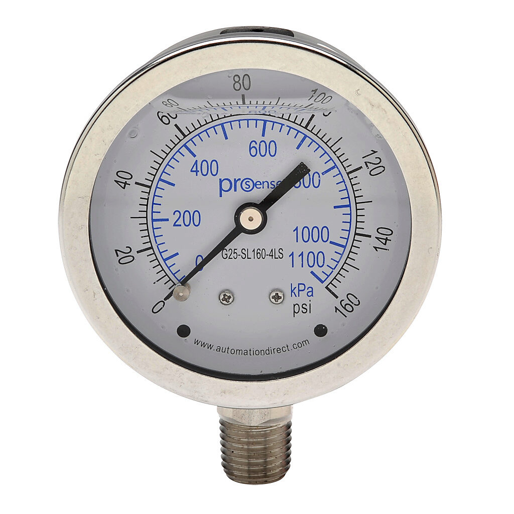 G25-SL160-4LS - ProSense mechanical pressure gauge, 2.5in diameter, 0 to 160 psig/0 to 1100 kPa, stainless steel liquid filled case, stainless steel wetted parts, 1/4in male NPT process connection, lower mount.