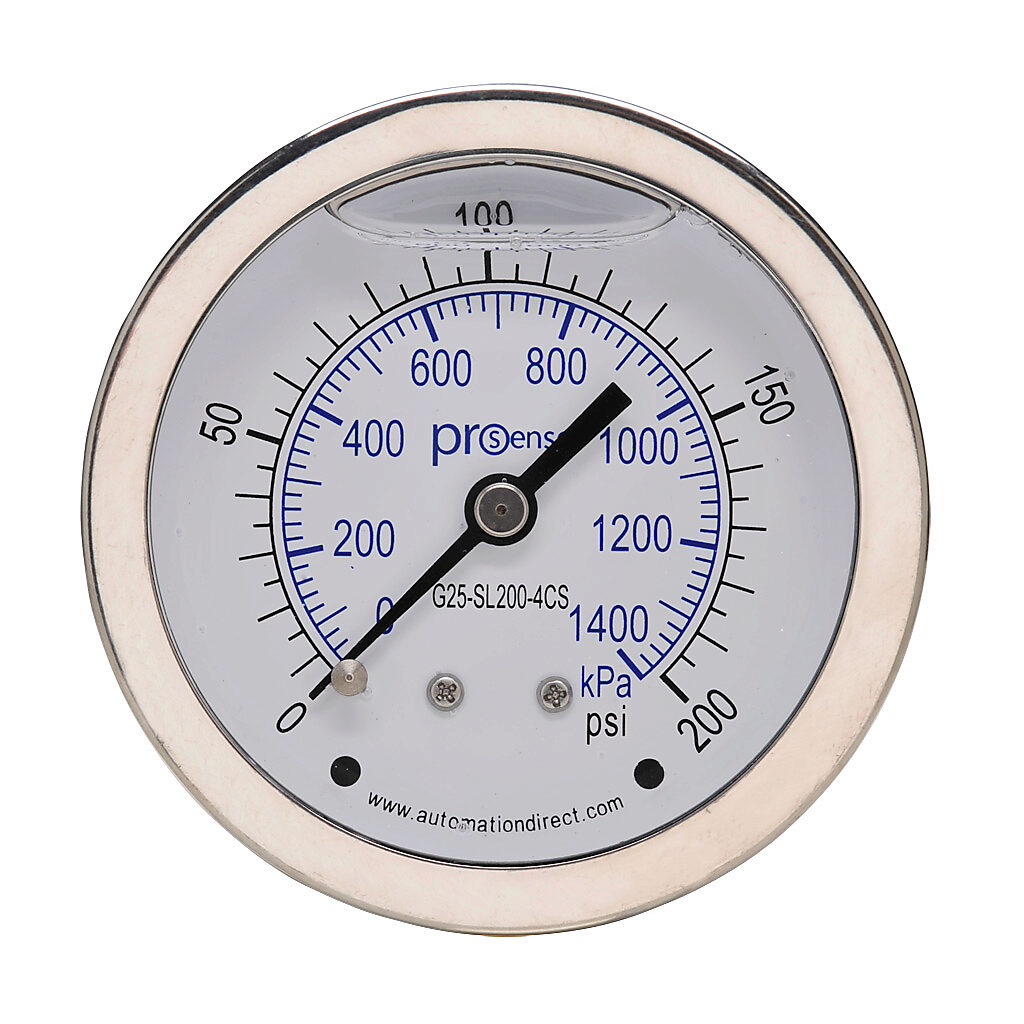G25-SL200-4CS - ProSense mechanical pressure gauge, 2.5in diameter, 0 to 200 psig/0 to 1400 kPa, stainless steel liquid filled case, stainless steel wetted parts, 1/4in male NPT process connection, center back mount.