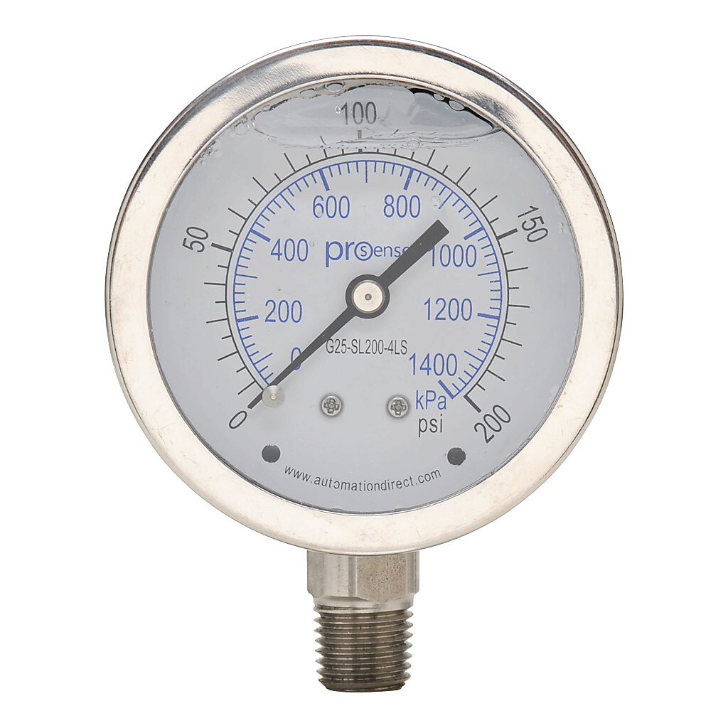 G25-SL200-4LS - ProSense mechanical pressure gauge, 2.5in diameter, 0 to 200 psig/0 to 1400 kPa, stainless steel liquid filled case, stainless steel wetted parts, 1/4in male NPT process connection, lower mount.