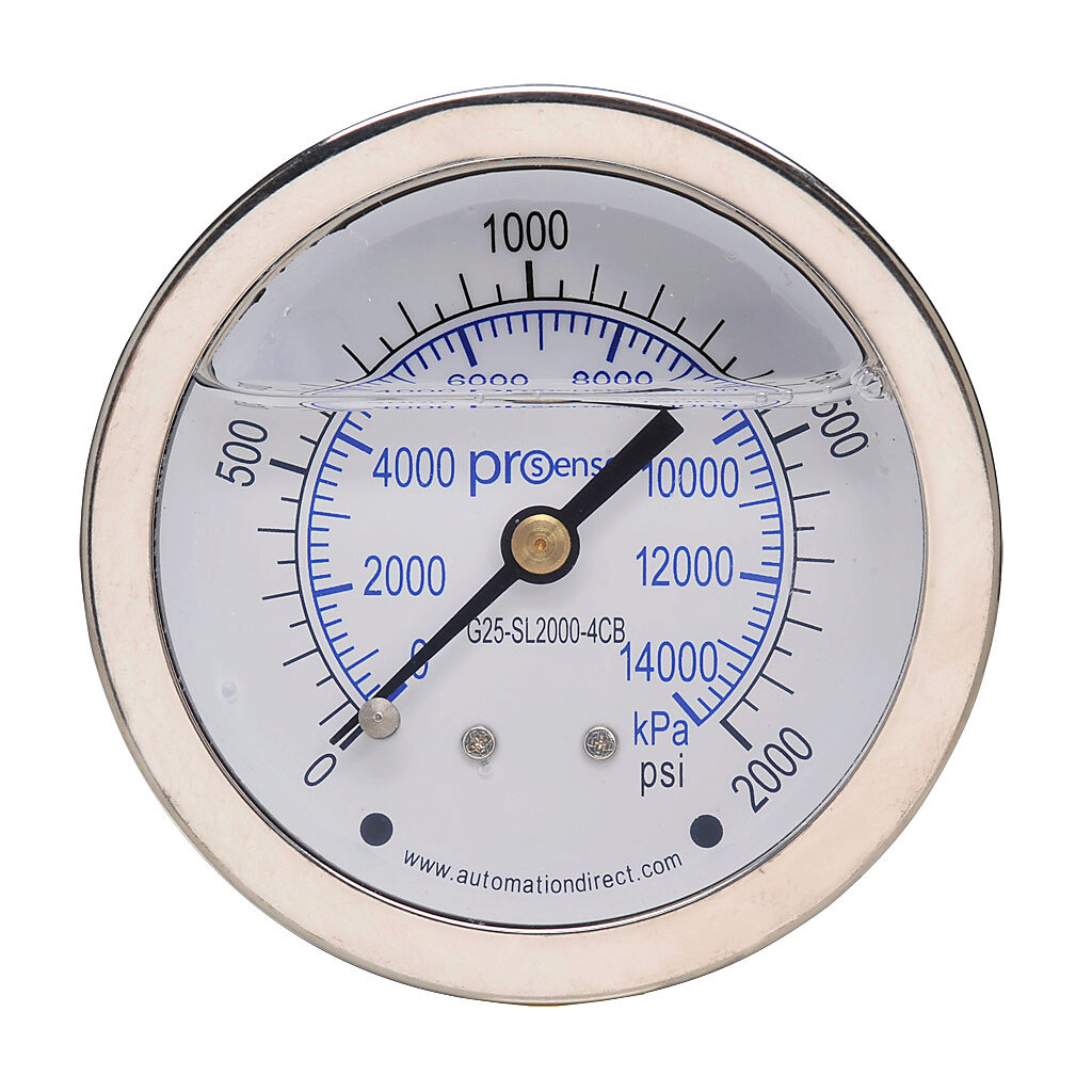 G25-SL2000-4CB - ProSense mechanical pressure gauge, 2.5in diameter, 0 to 2000 psig/0 to 14000 kPa, stainless steel liquid filled case, phosphor bronze, brass wetted parts, 1/4in male NPT process connection, center back mount.