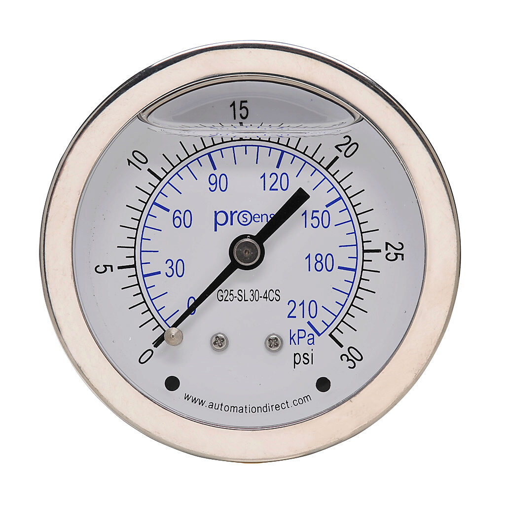 G25-SL30-4CS - ProSense mechanical pressure gauge, 2.5in diameter, 0 to 30 psig/0 to 210 kPa, stainless steel liquid filled case, stainless steel wetted parts, 1/4in male NPT process connection, center back mount.