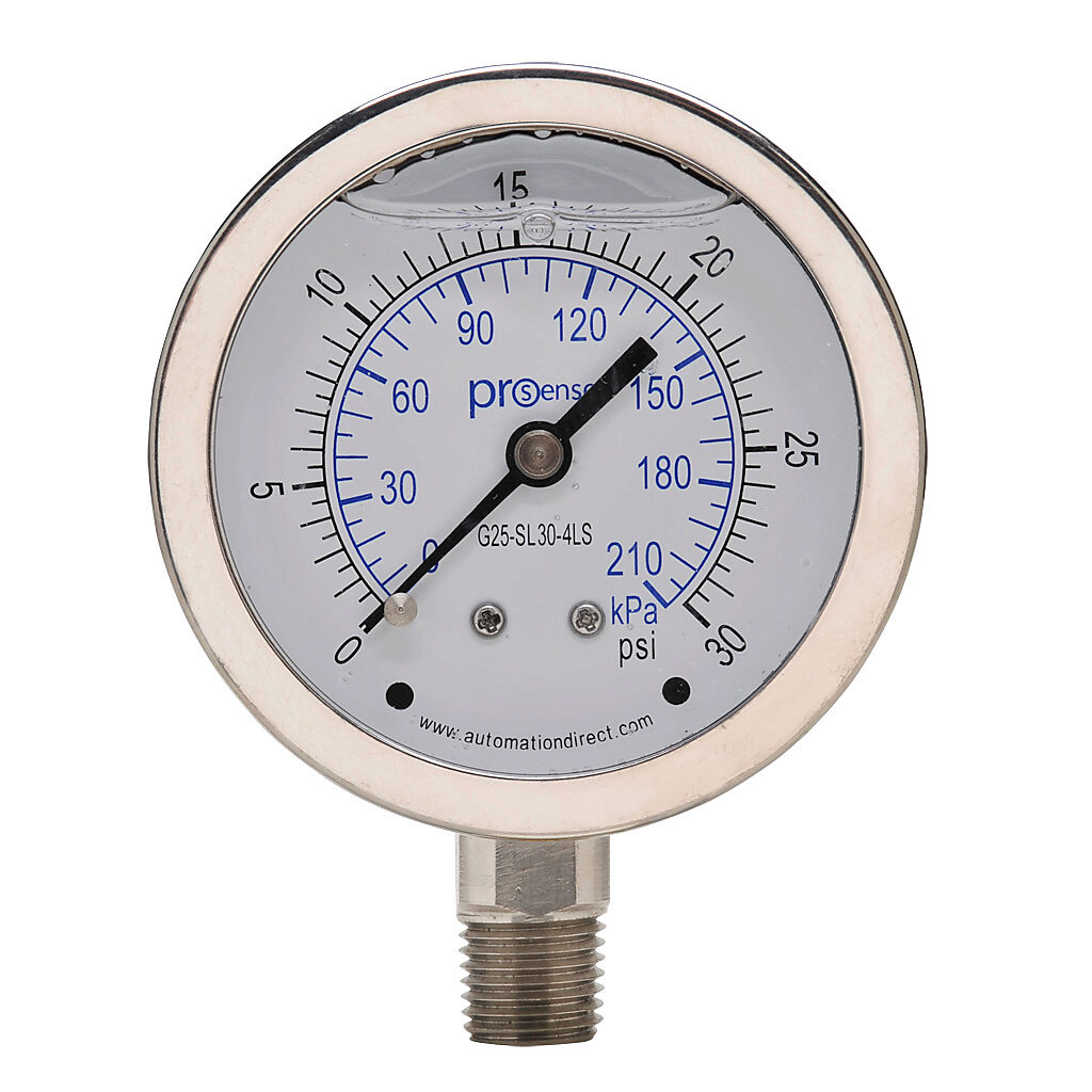 G25-SL30-4LS - ProSense mechanical pressure gauge, 2.5in diameter, 0 to 30 psig/0 to 210 kPa, stainless steel liquid filled case, stainless steel wetted parts, 1/4in male NPT process connection, lower mount.