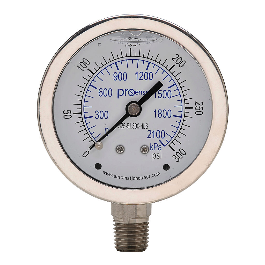 G25-SL300-4LS - ProSense mechanical pressure gauge, 2.5in diameter, 0 to 300 psig/0 to 2100 kPa, stainless steel liquid filled case, stainless steel wetted parts, 1/4in male NPT process connection, lower mount.