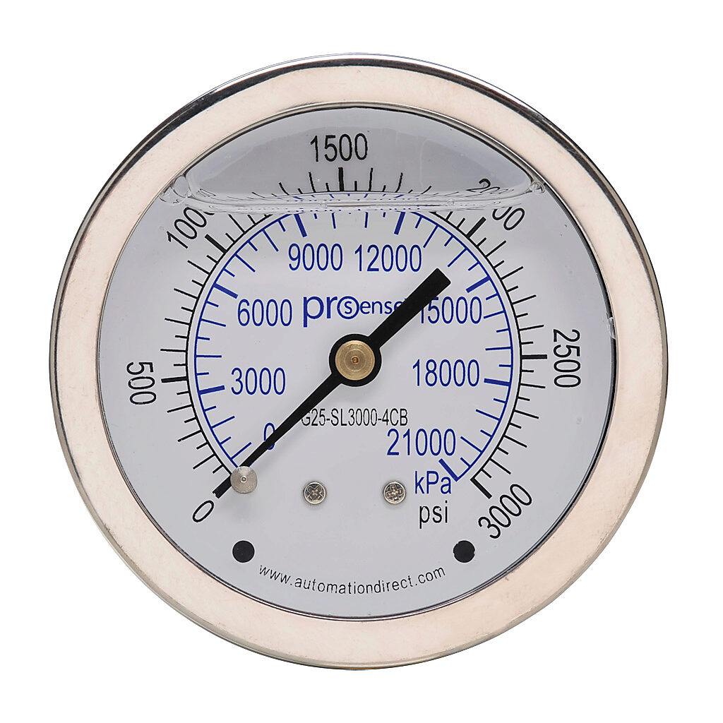 G25-SL3000-4CB - ProSense mechanical pressure gauge, 2.5in diameter, 0 to 3000 psig/0 to 21000 kPa, stainless steel liquid filled case, phosphor bronze, brass wetted parts, 1/4in male NPT process connection, center back mount.