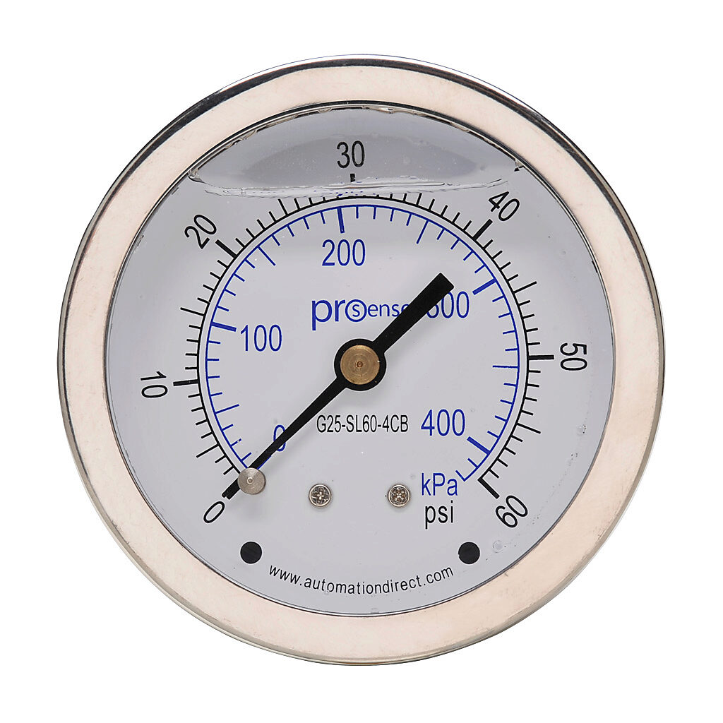 G25-SL60-4CB - ProSense mechanical pressure gauge, 2.5in diameter, 0 to 60 psig/0 to 420 kPa, stainless steel liquid filled case, phosphor bronze, brass wetted parts, 1/4in male NPT process connection, center back mount.