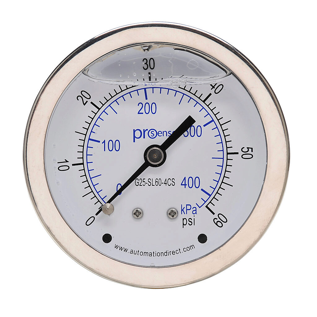 G25-SL60-4CS - ProSense mechanical pressure gauge, 2.5in diameter, 0 to 60 psig/0 to 420 kPa, stainless steel liquid filled case, stainless steel wetted parts, 1/4in male NPT process connection, center back mount.