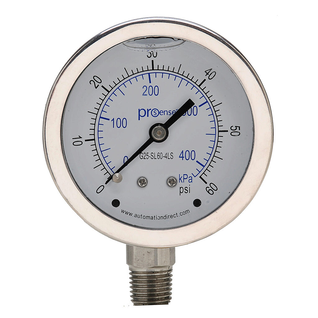 G25-SL60-4LS - ProSense mechanical pressure gauge, 2.5in diameter, 0 to 60 psig/0 to 420 kPa, stainless steel liquid filled case, stainless steel wetted parts, 1/4in male NPT process connection, lower mount.
