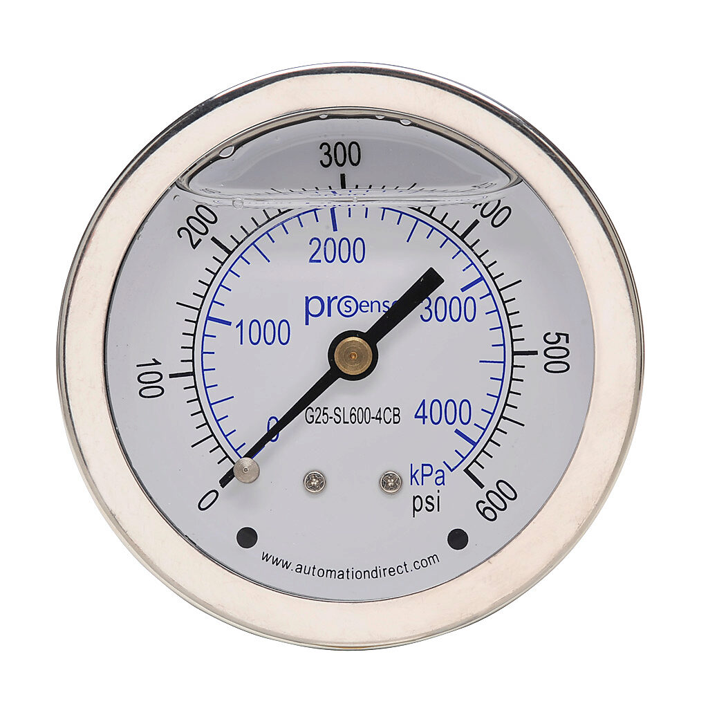 G25-SL600-4CB - ProSense mechanical pressure gauge, 2.5in diameter, 0 to 600 psig/0 to 4200 kPa, stainless steel liquid filled case, phosphor bronze, brass wetted parts, 1/4in male NPT process connection, center back mount.