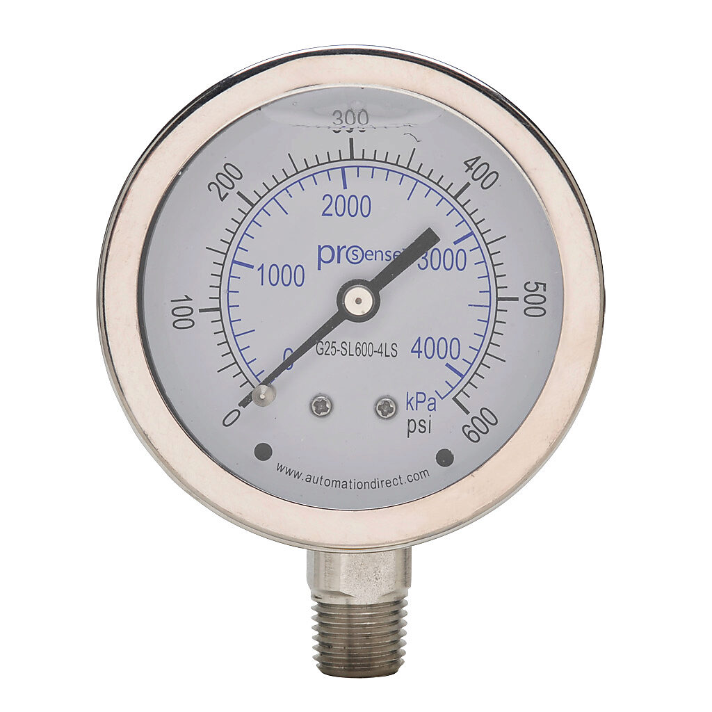 G25-SL600-4LS - ProSense mechanical pressure gauge, 2.5in diameter, 0 to 600 psig/0 to 4200 kPa, stainless steel liquid filled case, stainless steel wetted parts, 1/4in male NPT process connection, lower mount.