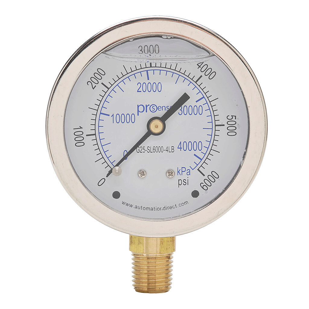G25-SL6000-4LB - ProSense mechanical pressure gauge, 2.5in diameter, 0 to 6000 psig/0 to 42000 kPa, stainless steel liquid filled case, phosphor bronze, brass wetted parts, 1/4in male NPT process connection, lower mount.