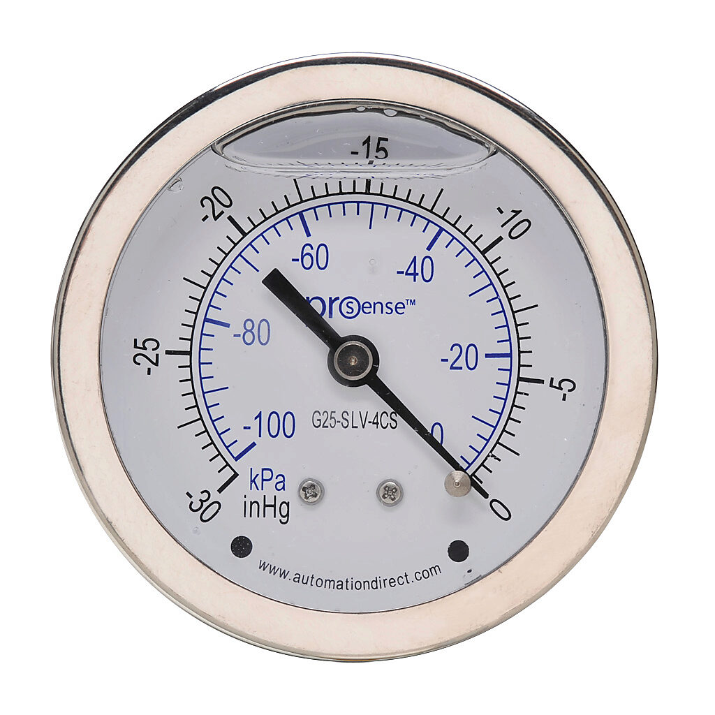G25-SLV-4CS - ProSense mechanical pressure gauge, 2.5in diameter, -30 to 0in Hg vacuum/-100 to 0 kPa, stainless steel liquid filled case, stainless steel wetted parts, 1/4in male NPT process connection, center back mount.