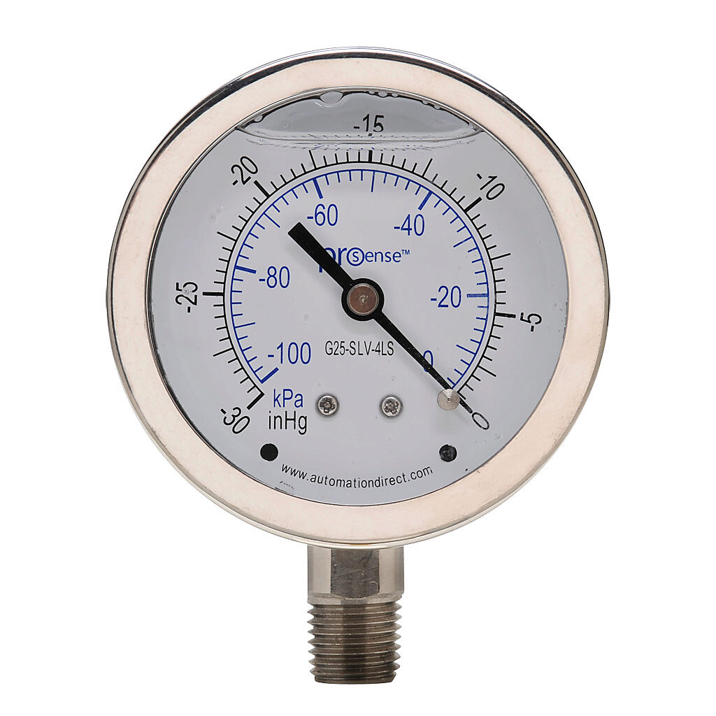 G25-SLV-4LS - ProSense mechanical pressure gauge, 2.5in diameter, -30 to 0in Hg vacuum/-100 to 0 kPa, stainless steel liquid filled case, stainless steel wetted parts, 1/4in male NPT process connection, lower mount.