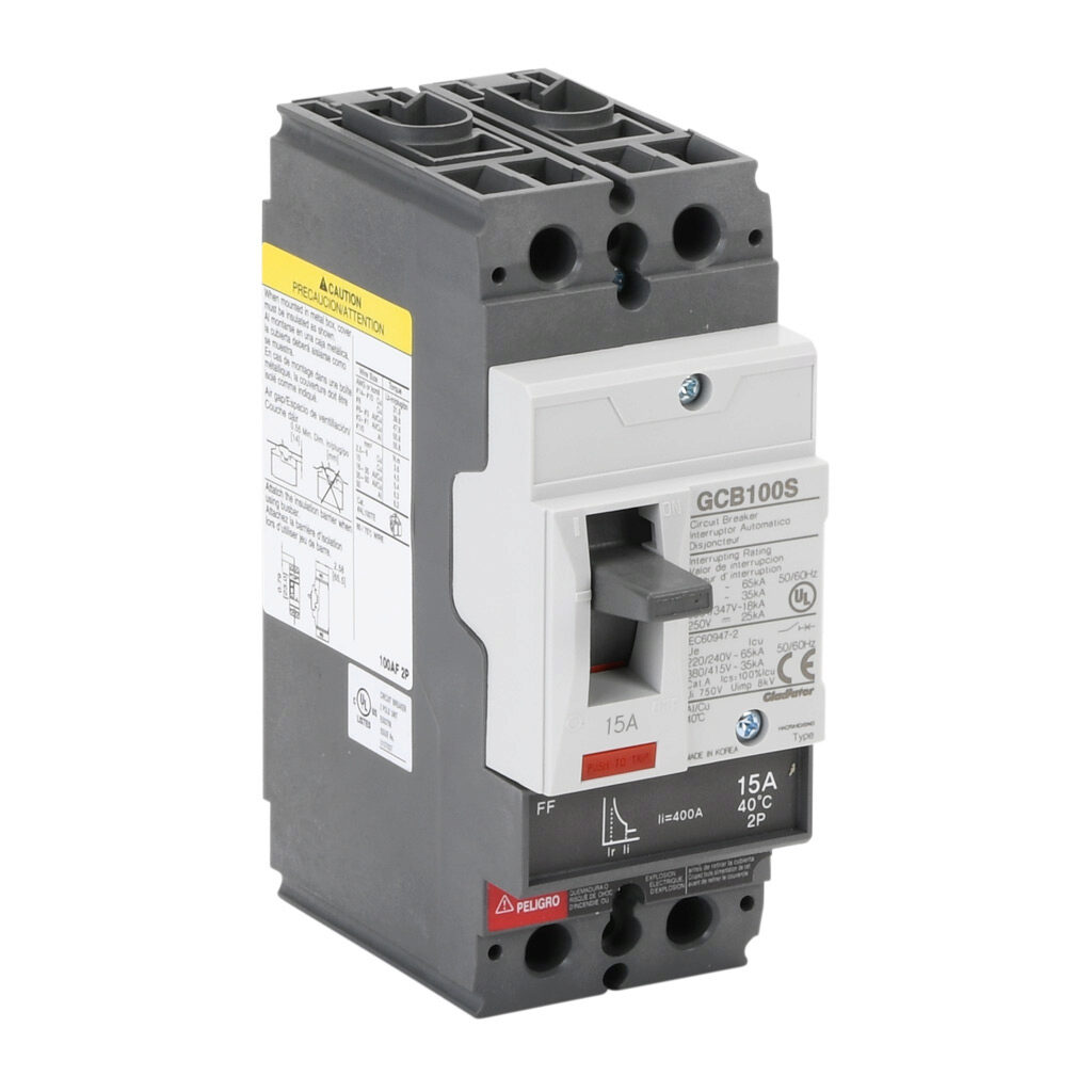 GCB100S-2FF15LL - Gladiator molded case circuit breaker, 100A frame, 15A, 600Y/480 VAC/250 VDC, 2-pole, characteristics, fixed thermal/fixed magnetic, 35kA @ 480 VAC interrupting rating, panel mount. Line and load lug terminals included.