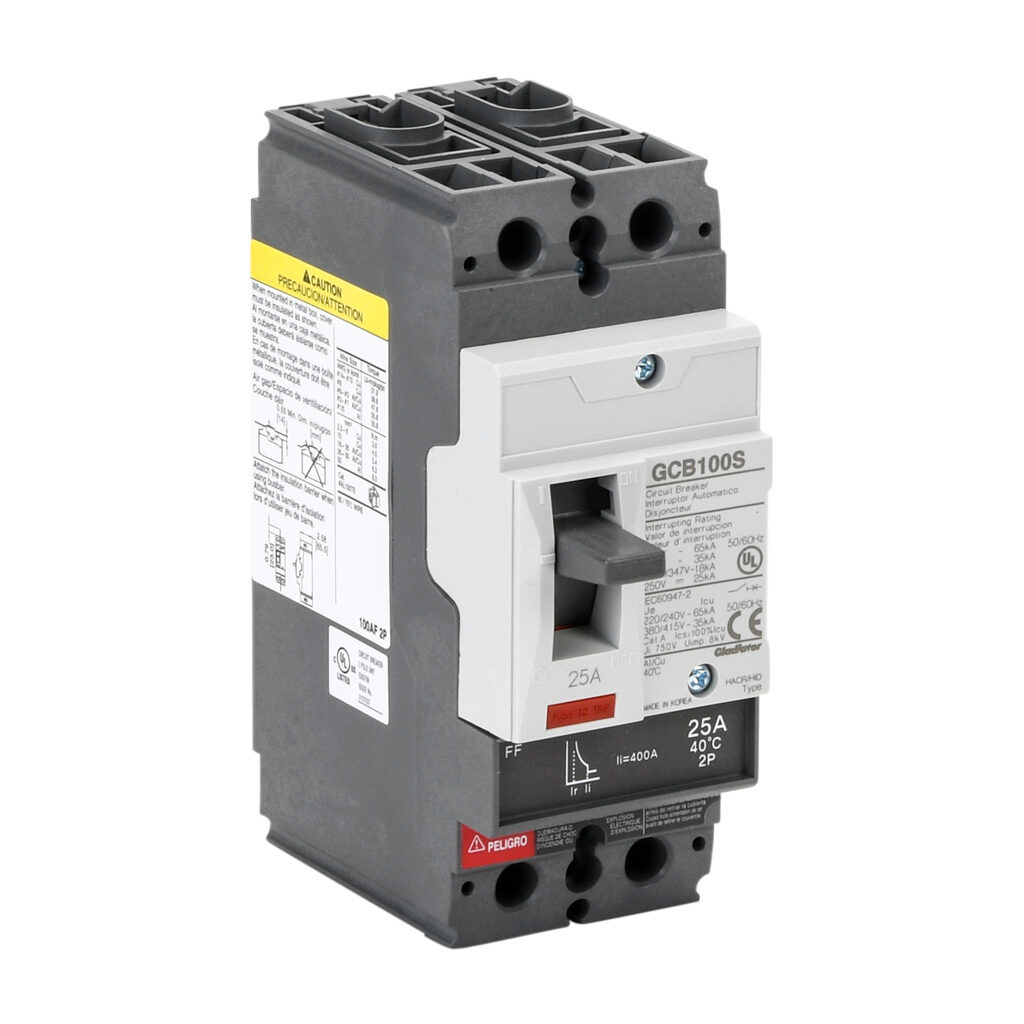 GCB100S-2FF25LL - Gladiator molded case circuit breaker, 100A frame, 25A, 600Y/480 VAC/250 VDC, 2-pole, characteristics, fixed thermal/fixed magnetic, 35kA @ 480 VAC interrupting rating, panel mount. Line and load lug terminals included.