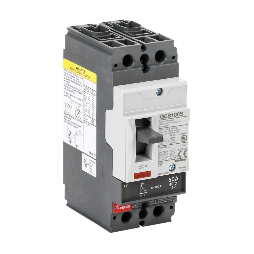 GCB100S-2FF50LL - Gladiator molded case circuit breaker, 100A frame, 50A, 600Y/480 VAC/250 VDC, 2-pole, characteristics, fixed thermal/fixed magnetic, 35kA @ 480 VAC interrupting rating, panel mount. Line and load lug terminals included.