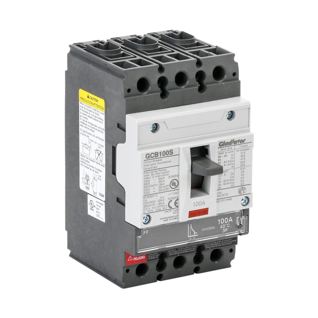 GCB100S-3FF100LL - Gladiator molded case circuit breaker, 100A frame, 100A, 600Y/480 VAC/500 VDC, 3-pole, characteristics, fixed thermal/fixed magnetic, 35kA @ 480 VAC interrupting rating, panel mount. Line and load lug terminals included.