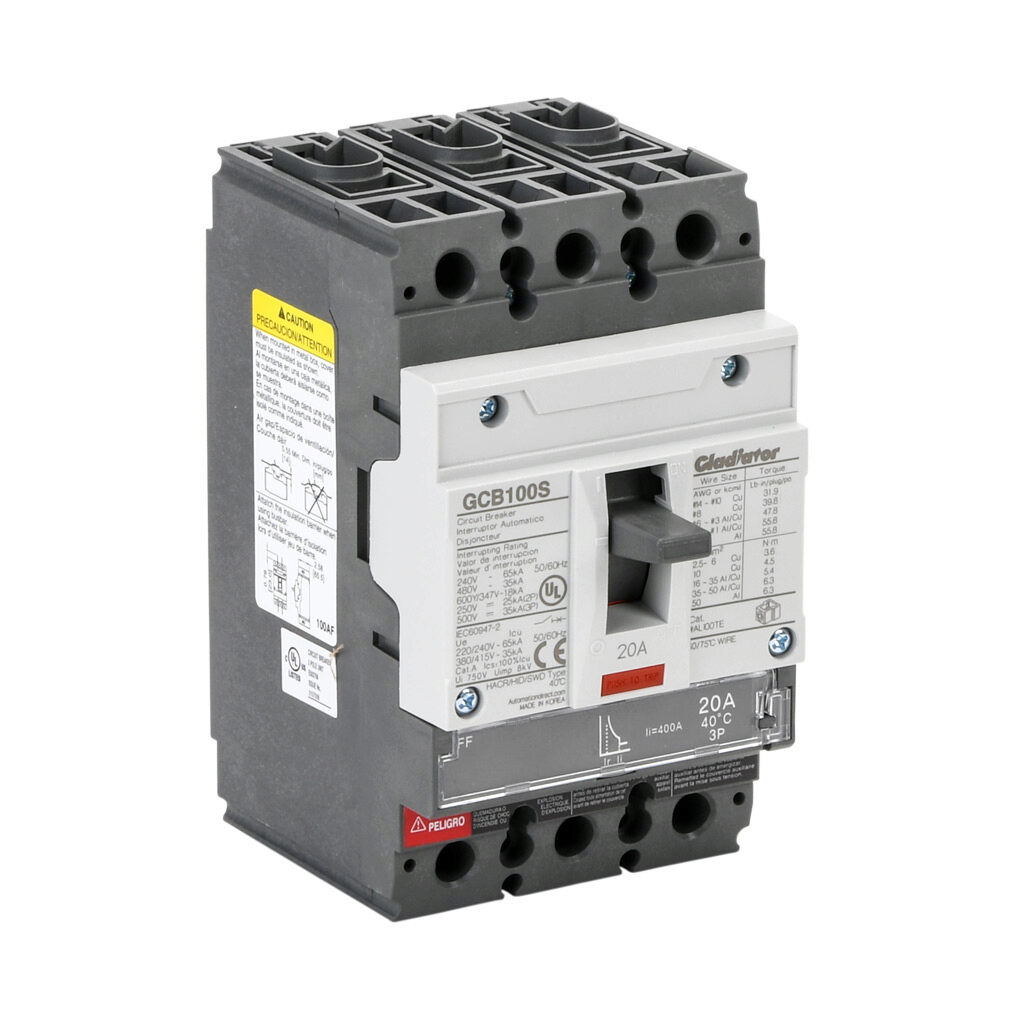 GCB100S-3FF20LL - Gladiator molded case circuit breaker, 100A frame, 20A, 600Y/480 VAC/500 VDC, 3-pole, characteristics, fixed thermal/fixed magnetic, 35kA @ 480 VAC interrupting rating, panel mount. Line and load lug terminals included.