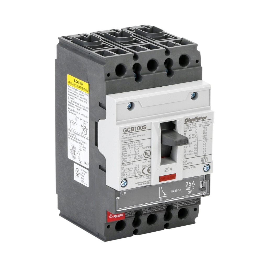 GCB100S-3FF25LL - Gladiator molded case circuit breaker, 100A frame, 25A, 600Y/480 VAC/500 VDC, 3-pole, characteristics, fixed thermal/fixed magnetic, 35kA @ 480 VAC interrupting rating, panel mount. Line and load lug terminals included.