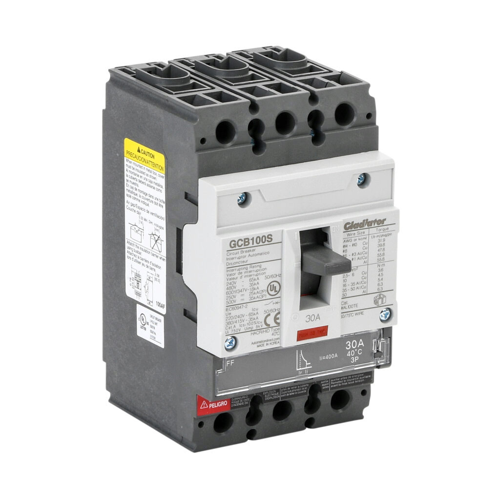 GCB100S-3FF30LL - Gladiator molded case circuit breaker, 100A frame, 30A, 600Y/480 VAC/500 VDC, 3-pole, characteristics, fixed thermal/fixed magnetic, 35kA @ 480 VAC interrupting rating, panel mount. Line and load lug terminals included.