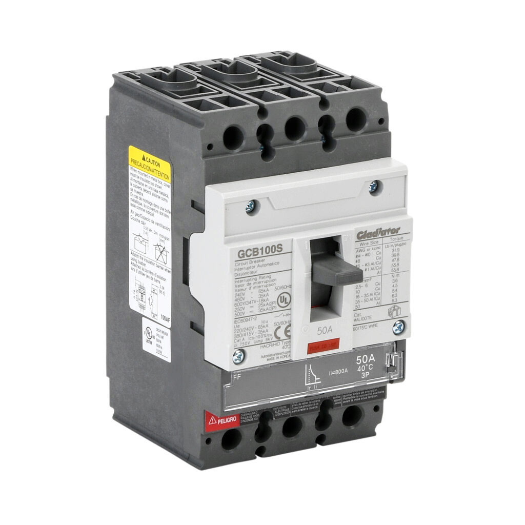 GCB100S-3FF50LL - Gladiator molded case circuit breaker, 100A frame, 50A, 600Y/480 VAC/500 VDC, 3-pole, characteristics, fixed thermal/fixed magnetic, 35kA @ 480 VAC interrupting rating, panel mount. Line and load lug terminals included.