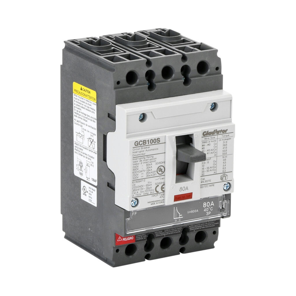 GCB100S-3FF80LL - Gladiator molded case circuit breaker, 100A frame, 80A, 600Y/480 VAC/500 VDC, 3-pole, characteristics, fixed thermal/fixed magnetic, 35kA @ 480 VAC interrupting rating, panel mount. Line and load lug terminals included.