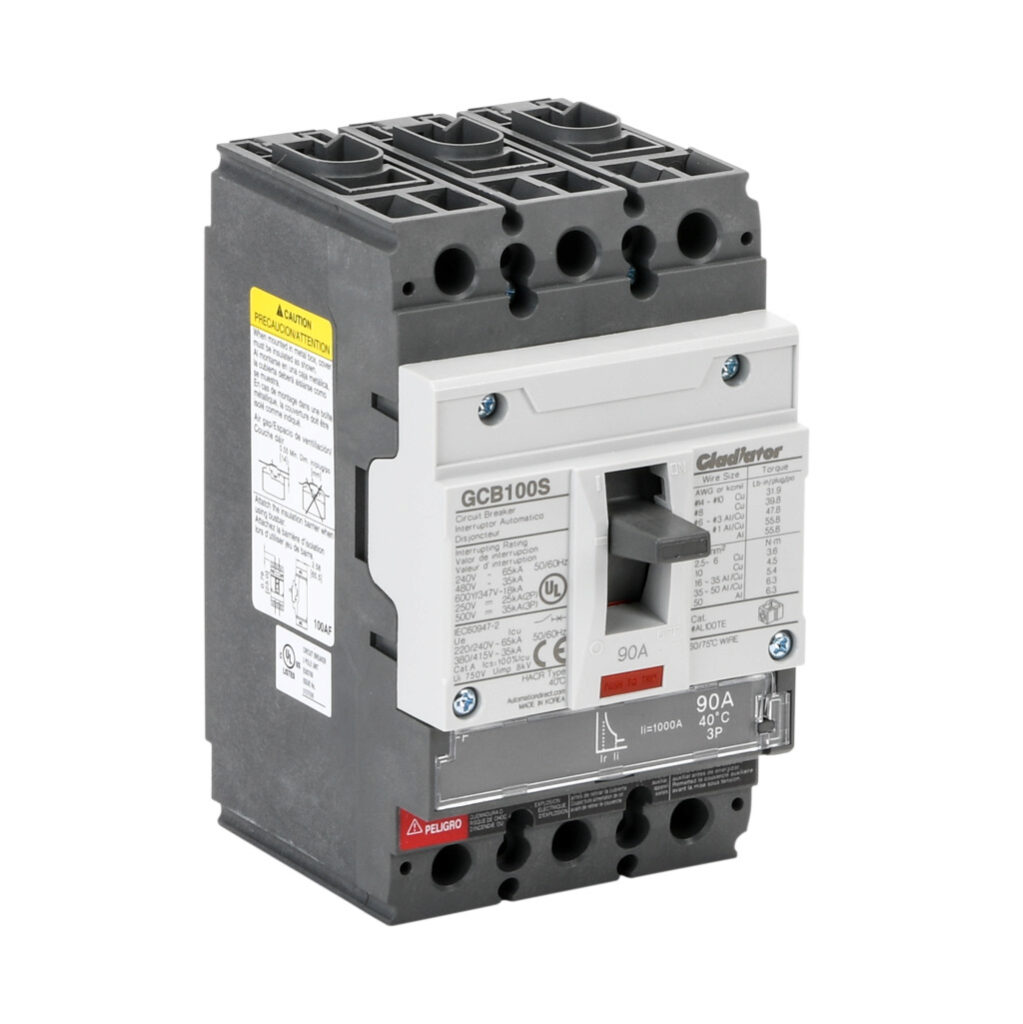 GCB100S-3FF90LL - Gladiator molded case circuit breaker, 100A frame, 90A, 600Y/480 VAC/500 VDC, 3-pole, characteristics, fixed thermal/fixed magnetic, 35kA @ 480 VAC interrupting rating, panel mount. Line and load lug terminals included.