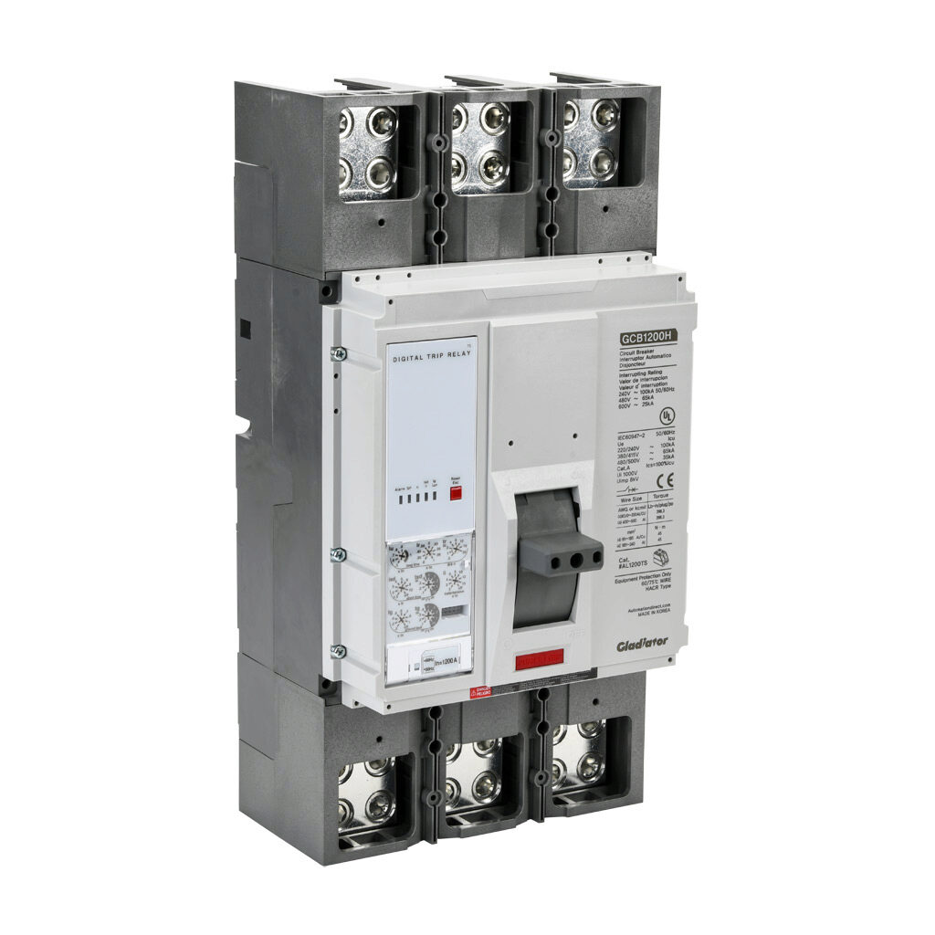 GCB1200H-3ES1200LL - Gladiator molded case circuit breaker, 1200A frame, 1200A, 600 VAC, 3-pole, characteristics, adjustable electronic, 65kA @ 480 VAC interrupting rating, panel mount. Line and load lug terminals and terminal covers included.