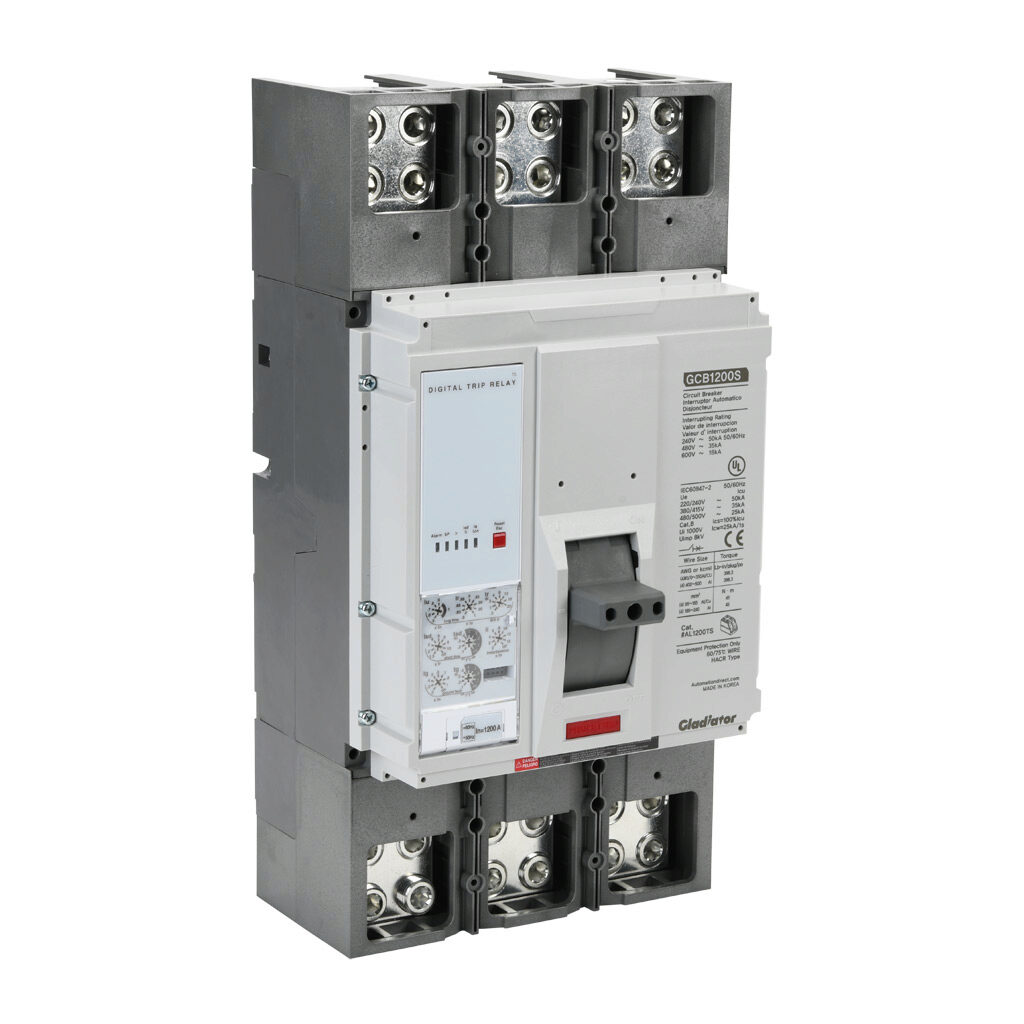GCB1200S-3ES1200LL - Gladiator molded case circuit breaker, 1200A frame, 1200A, 600 VAC, 3-pole, characteristics, adjustable electronic, 35kA @ 480 VAC interrupting rating, panel mount. Line and load lug terminals and terminal covers included.