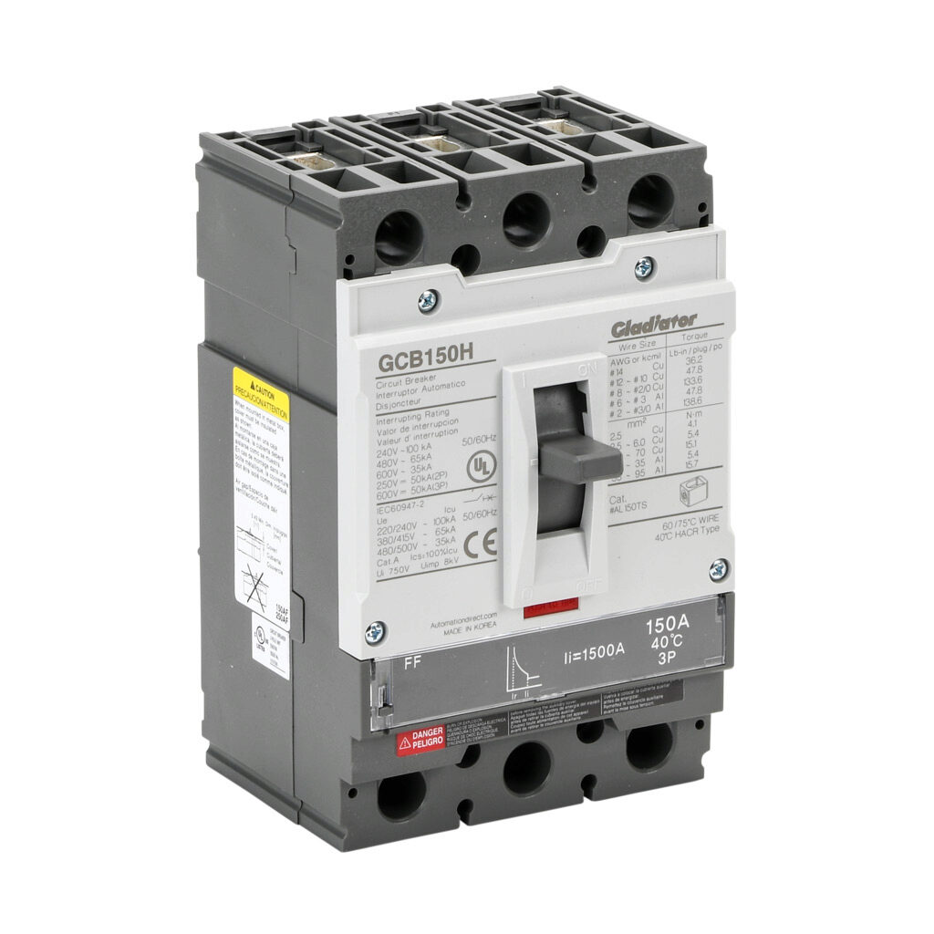 GCB150H-3FF150LL - Gladiator molded case circuit breaker, 150A frame, 150A, 600 VAC/VDC, 3-pole, characteristics, fixed thermal/fixed magnetic, 65kA @ 480 VAC interrupting rating, panel mount. Line and load lug terminals included.