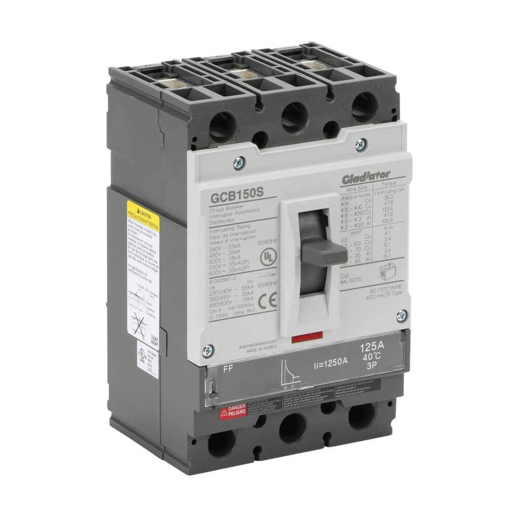 GCB150S-3FF125LL - Gladiator molded case circuit breaker, 150A frame, 125A, 600 VAC/VDC, 3-pole, characteristics, fixed thermal/fixed magnetic, 35kA @ 480 VAC interrupting rating, panel mount. Line and load lug terminals included.