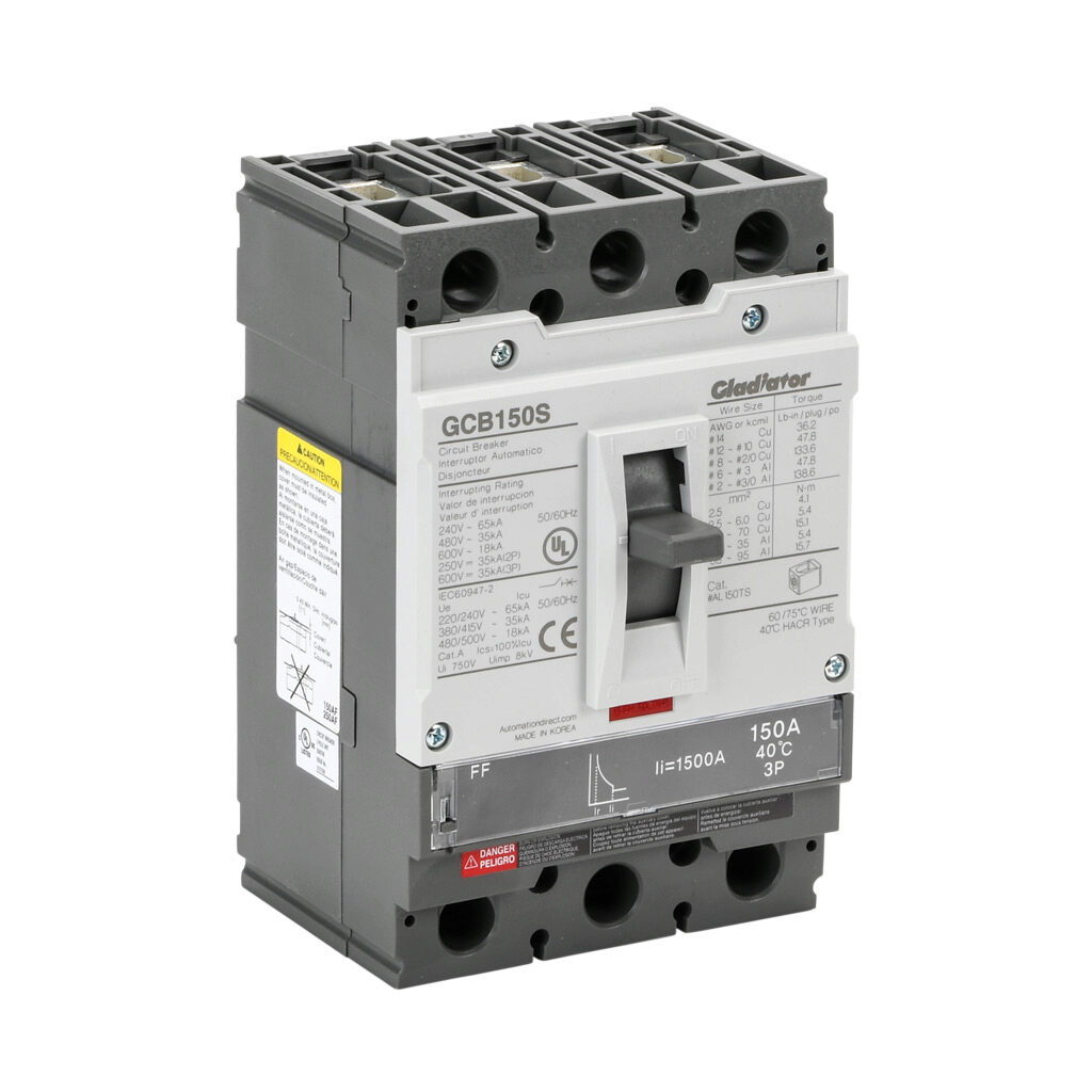 GCB150S-3FF150LL - Gladiator molded case circuit breaker, 150A frame, 150A, 600 VAC/VDC, 3-pole, characteristics, fixed thermal/fixed magnetic, 35kA @ 480 VAC interrupting rating, panel mount. Line and load lug terminals included.
