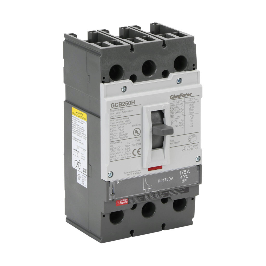 GCB250H-3FF175LL - Gladiator molded case circuit breaker, 250A frame, 175A, 600 VAC/VDC, 3-pole, characteristics, fixed thermal/fixed magnetic, 65kA @ 480 VAC interrupting rating, panel mount. Line and load lug terminals included.