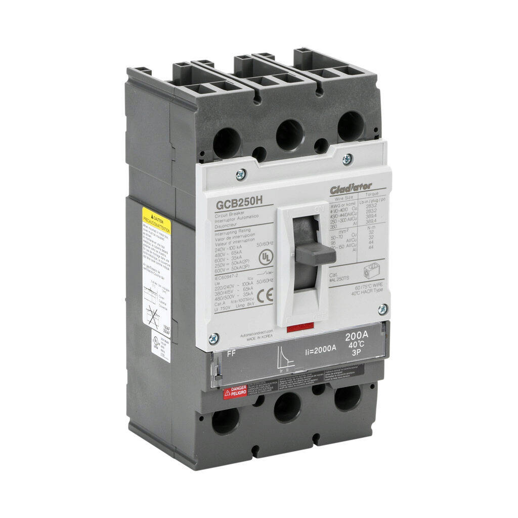 GCB250H-3FF200LL - Gladiator molded case circuit breaker, 250A frame, 200A, 600 VAC/VDC, 3-pole, characteristics, fixed thermal/fixed magnetic, 65kA @ 480 VAC interrupting rating, panel mount. Line and load lug terminals included.