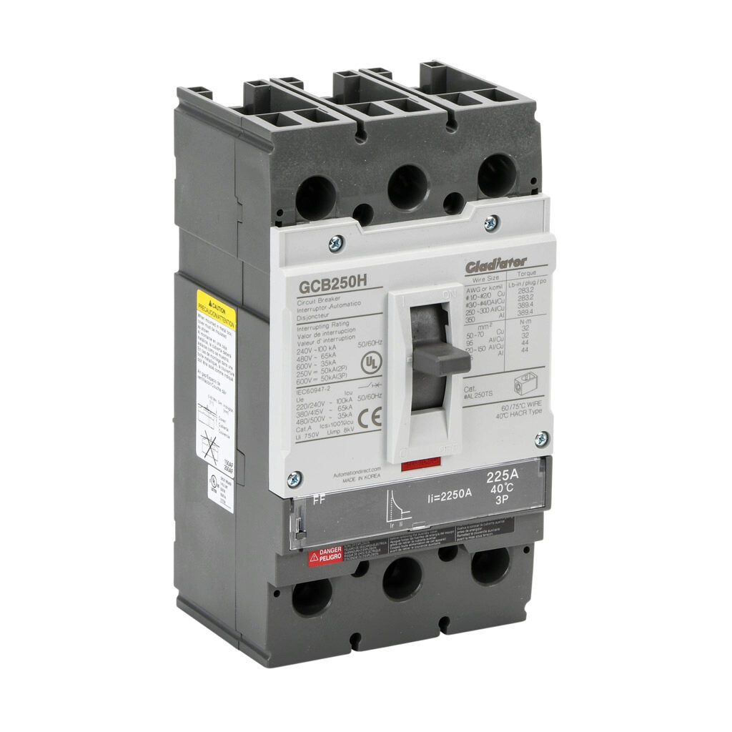 GCB250H-3FF225LL - Gladiator molded case circuit breaker, 250A frame, 225A, 600 VAC/VDC, 3-pole, characteristics, fixed thermal/fixed magnetic, 65kA @ 480 VAC interrupting rating, panel mount. Line and load lug terminals included.