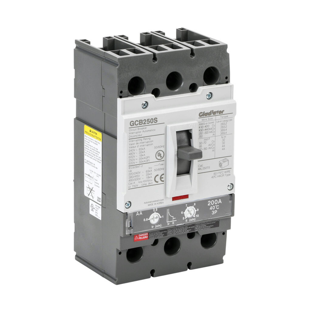 GCB250S-3AA200LL - Gladiator molded case circuit breaker, 250A frame, 200A, 600 VAC/VDC, 3-pole, characteristics, adjustable thermal/adjustable magnetic, 35kA @ 480 VAC interrupting rating, panel mount. Line and load lug terminals included.
