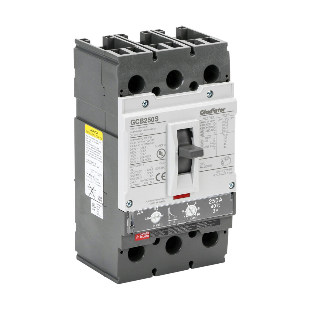 GCB250S-3AA250LL - Gladiator molded case circuit breaker, 250A frame, 250A, 600 VAC/VDC, 3-pole, characteristics, adjustable thermal/adjustable magnetic, 35kA @ 480 VAC interrupting rating, panel mount. Line and load lug terminals included.