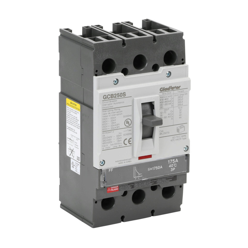 GCB250S-3FF175LL - Gladiator molded case circuit breaker, 250A frame, 175A, 600 VAC/VDC, 3-pole, characteristics, fixed thermal/fixed magnetic, 35kA @ 480 VAC interrupting rating, panel mount. Line and load lug terminals included.
